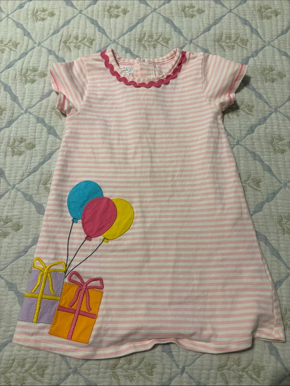 Mud Pie Pink Striped Dress with Colorful Balloon & Gift Appliqués